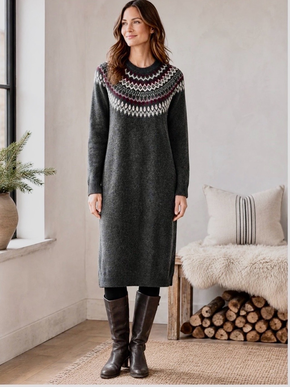 J. Jill Charcoal Fair Isle Yoke Knit Sweater Dress